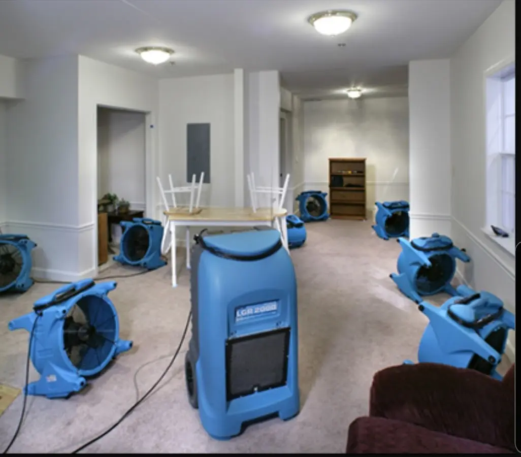 Air movers and dehumidifier setup for Water Damage Restoration in Franklin Farm